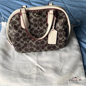 Coach Brown Signature Canvas Satchel with Cream Trim and Pink Piping